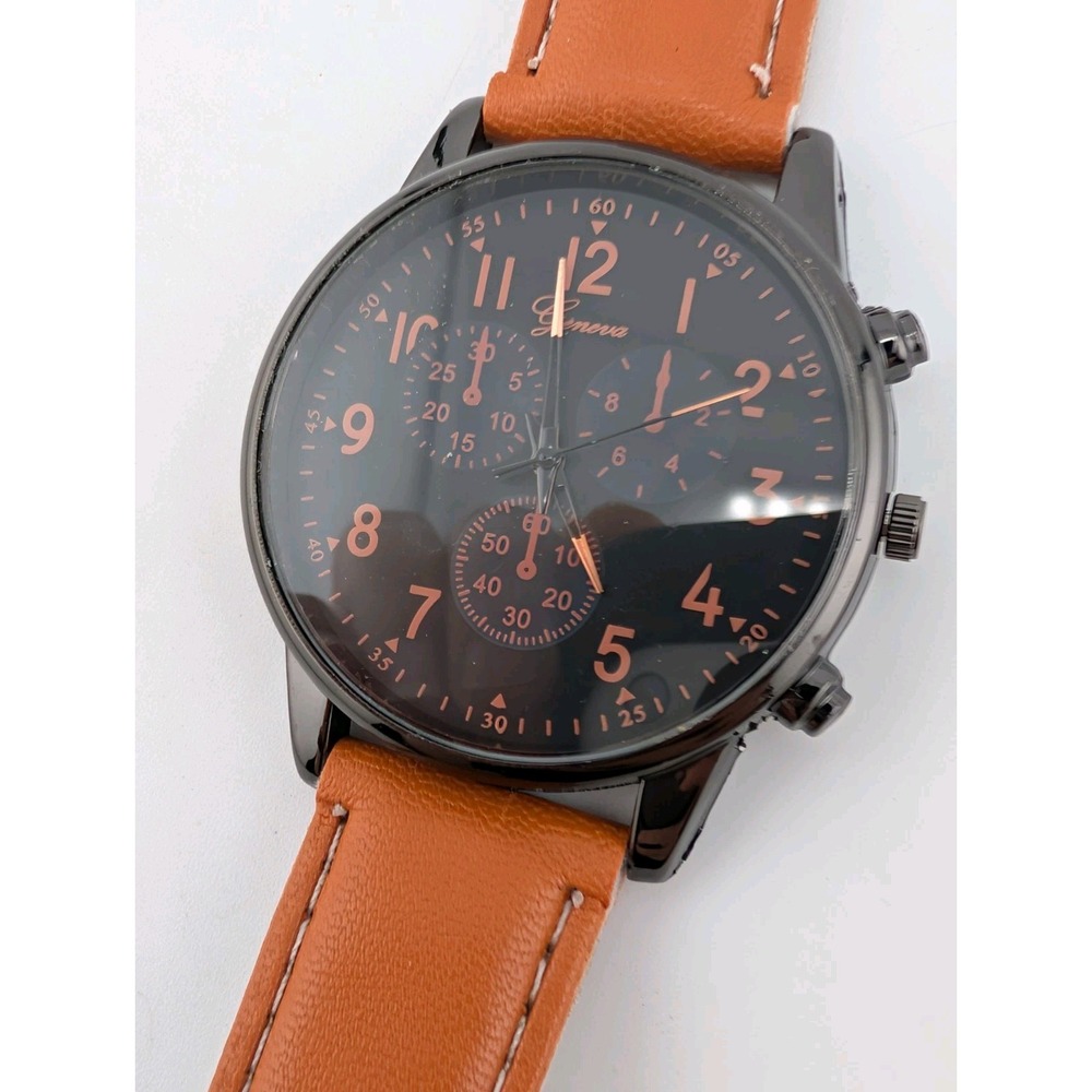 Geneva Men's Watch 42mm Black Case Brown Faux Leather Band- New Battery